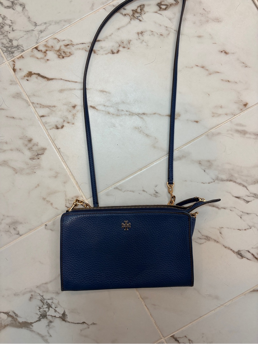 Tory Burch Navy Pebbled Leather Crossbody Wristlet